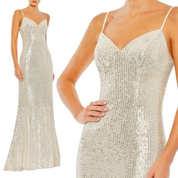 Mac Duggal NWT Sequin Sleeveless Column Gown‎ Nude Silver 11276 - Picture 1 of 7